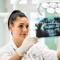 Zahntechnikerin sieht sich ein Röntgenbild an