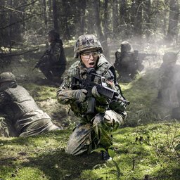 Soldatinnen und Soldaten liegen bei einer Übung auf dem Waldboden und sichern mit Gewehren die Umgebung.