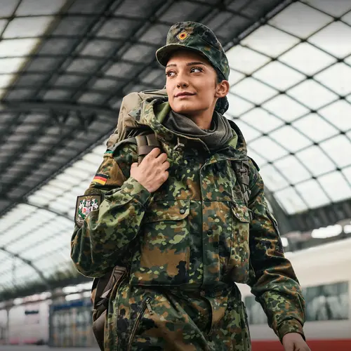 Soldatin in Uniform geht durch einen Bahnhof