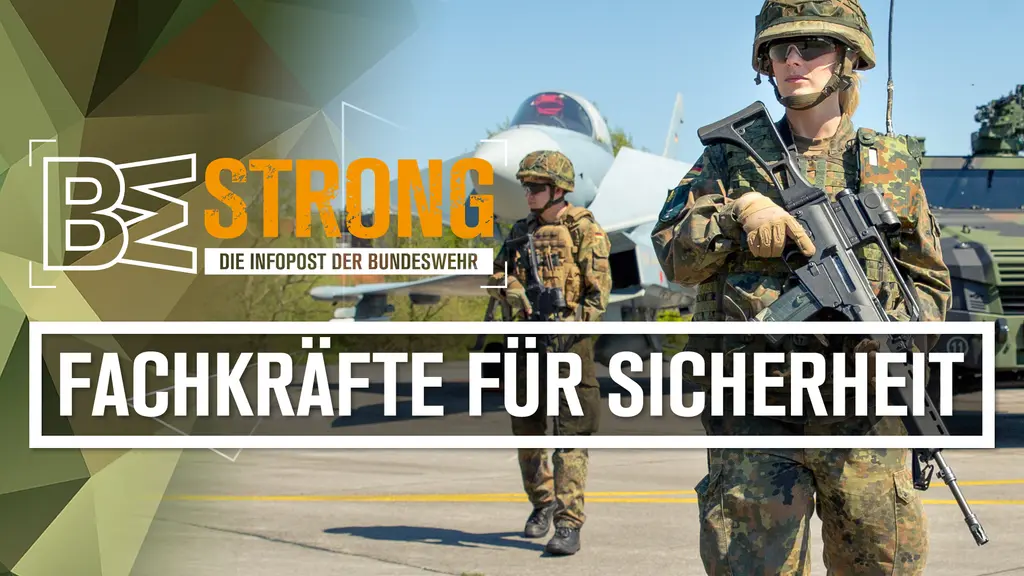Soldaten in Tarnkleidung stehen vor einem Flugzeug, davor ist der Schriftzug zu lesen "Fachkräfte für Sicherheit"