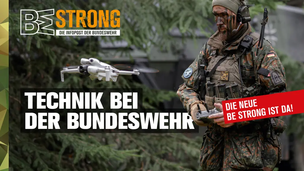 Ein Soldat mit einer Drohne, darüber steht der Text "Technik bei der Bundeswehr"
