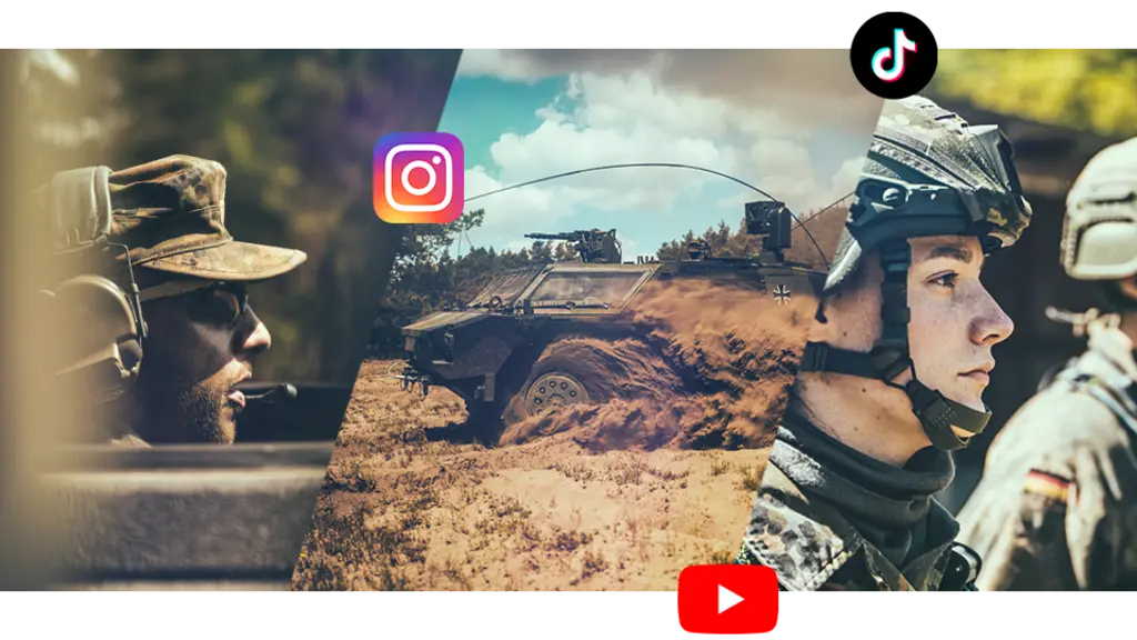 Eine Collage aus drei Bildern mit Soldaten und einem Panzer sowie Social Media Icons