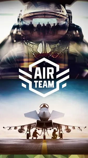 Im der oberen Hälfte des Bildes ist ein Pilot zu sehen, in der unteren Hälfte ein Kampfjet der Bundeswehr. In der Mitte des Bildes ist das Air Team Logo.