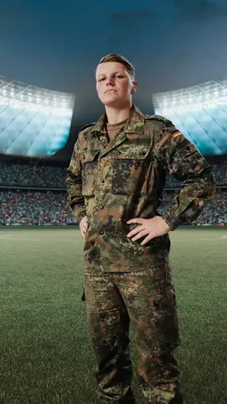 Natalie steht in Tarnkleidung auf einem Spielfeld im Fussballstadion