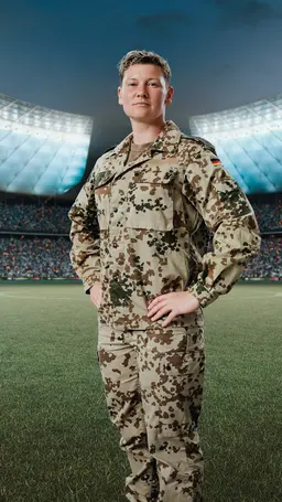 Sarah steht in Tarnkleidung auf einem Spielfeld im Fussballstadion