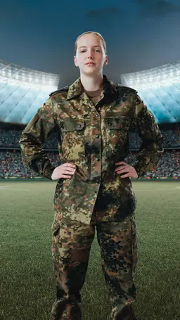 Elisa steht in Tarnkleidung auf einem Spielfeld im Fussballstadion