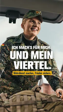 Ein Soldatin und der Schriftzug "Ich mach's für mich. Und mein Viertel."