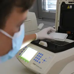 Ein Laborassistenz mit Maske sitzt vor einem Auswertegerät für Proben