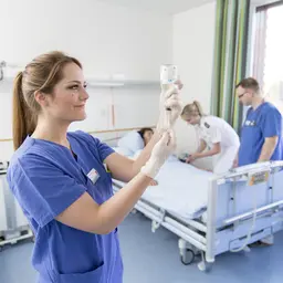 Pflegekräfte versorgen eine Patientin in einem Krankenzimmer
