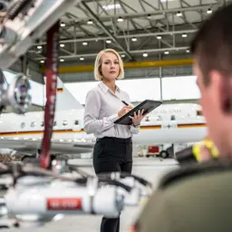 Eine Ingenieurin steht mit einer Kladde vor einem Flugzeug