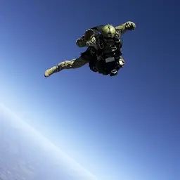 Ein Soldat der Fallschirmjägertruppe im freien Fall.