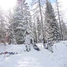 Soldaten der Gebirgsjägertruppe im Schneetarn-Anzug bereiten ihr Lager im Wald vor.