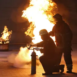 Feuerwehrleute löschen ein brennendes Fass.