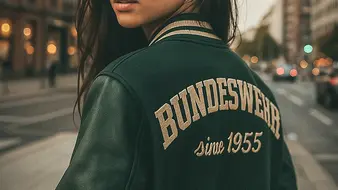 Model trägt eine Bundeswehr-Collegejacke