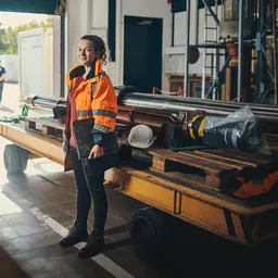 Eine Mitarbeiterin der Bundeswehr steht in einer Werkshalle vor einem gelben Hubwagen.