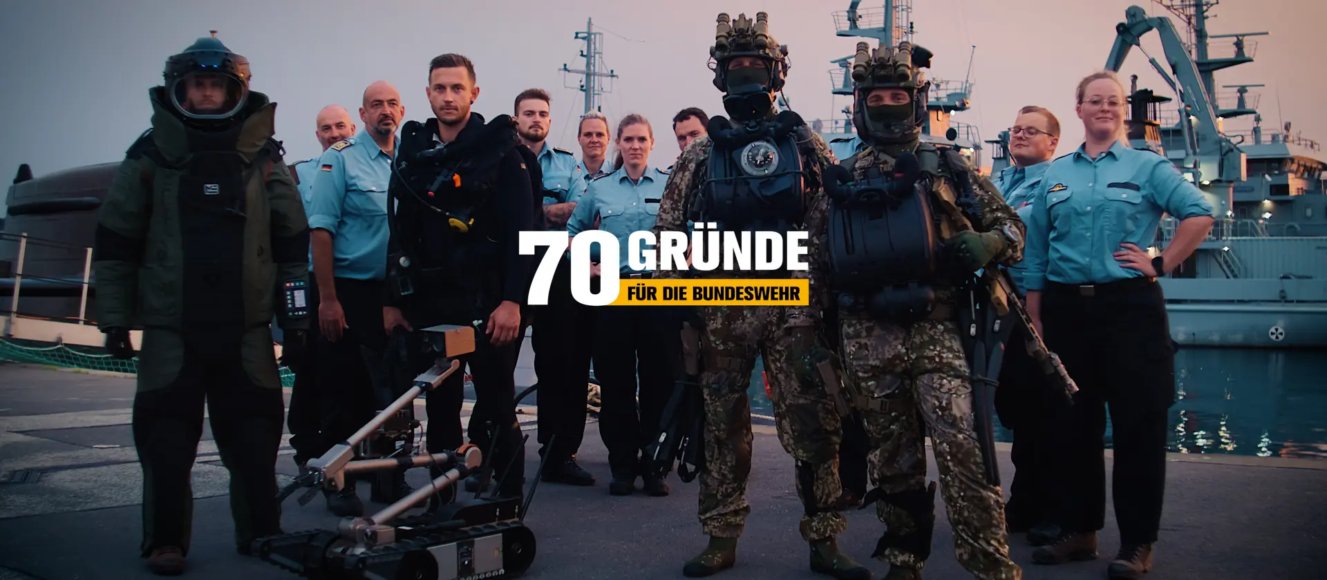 Eine Gruppe von Soldaten der Bundeswehr, dazu der Schriftzug "70 Gründe für die Bundeswehr"