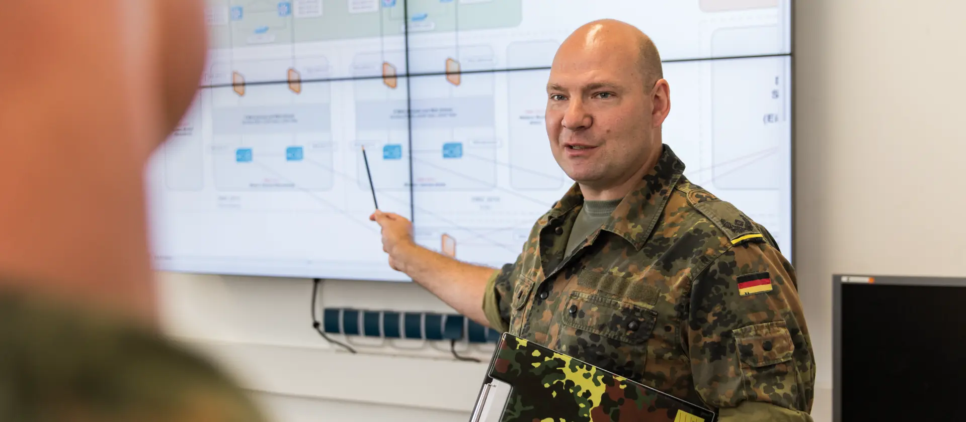 Ein Offizier in Uniform steht vor einer Tafel und unterrichtet andere Soldatinnen und Soldaten