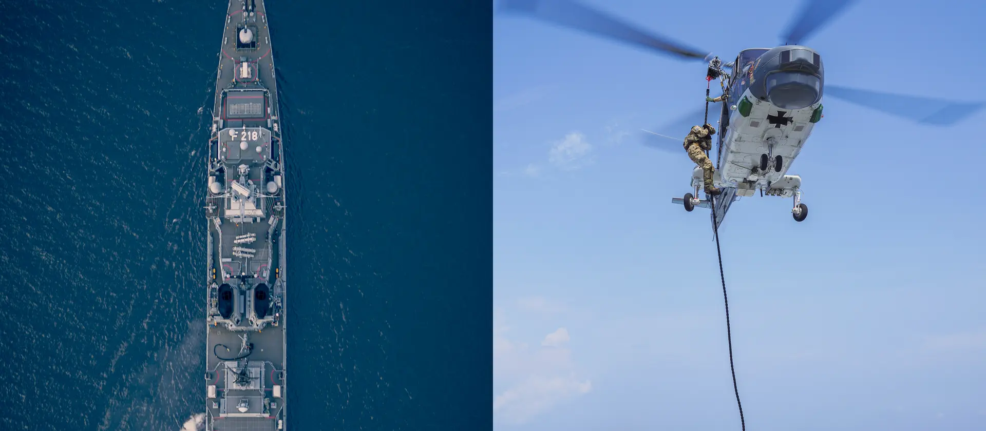 Ein Schiff und Hubschrauber der Bundeswehr