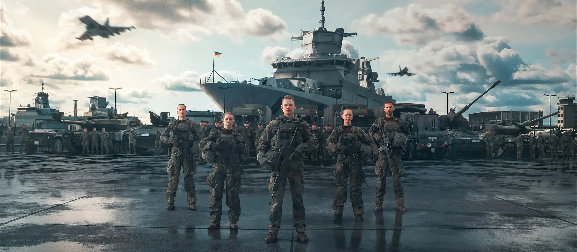 Eine Gruppe Soldaten in Uniform. Im Hintergrund ein großes Schiff.