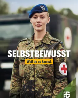 Eine Soldatin. Davor der Schriftzug: Selbstbewusst. Weil du es kannst.