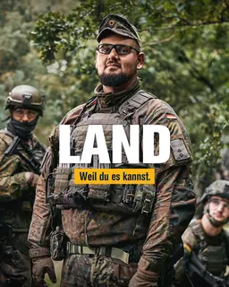 Ein Soldat in Uniform. Davor der Schriftzug: Land. Weil du es kannst.