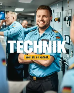 Ein Soldat in Uniform. Davor der Schriftzug: Technik. Weil du es kannst.