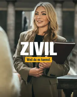 Eine Frau mit Unterlagen im Arm. Davor der Schriftzug: Zivil. Weil du es kannst.